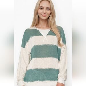 NWOT Chic Striped Teal and Cream Long Sleeve Top